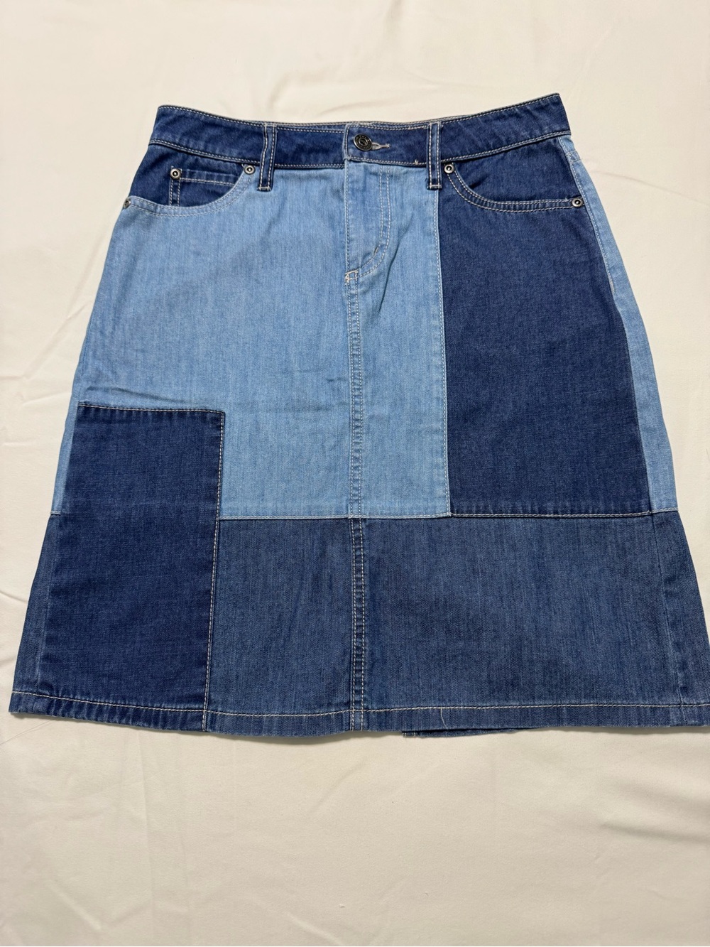 Vince Camuto Patchwork Denim A-Line Skirt in Mixed Blue Washes
